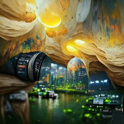 Futuristic Cave City with Glowing Fireflies