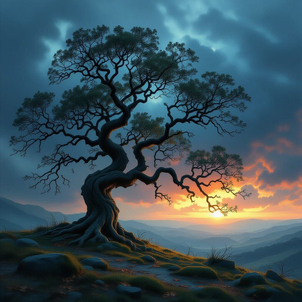 Ancient Oak on Windswept Hill in Stormy Twilight