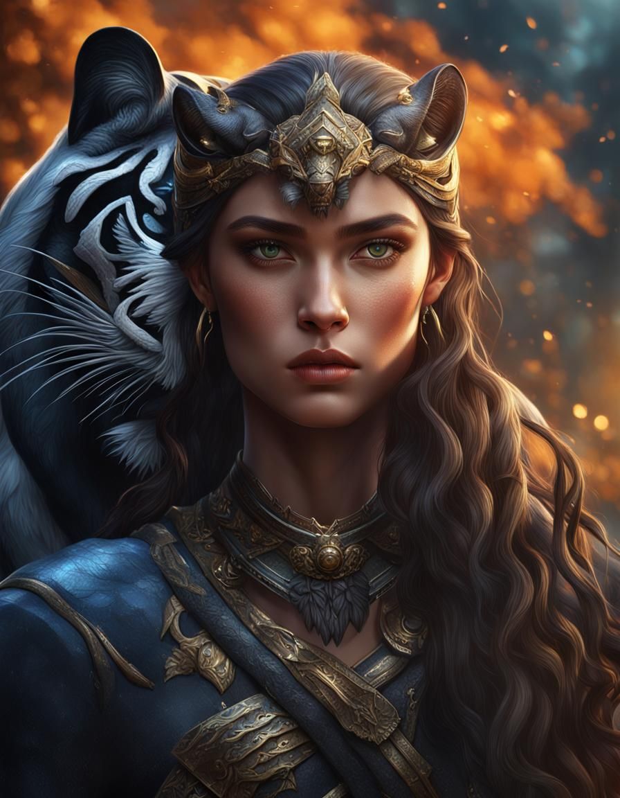Mystic Warrior Girl with Panther in Digital Painting