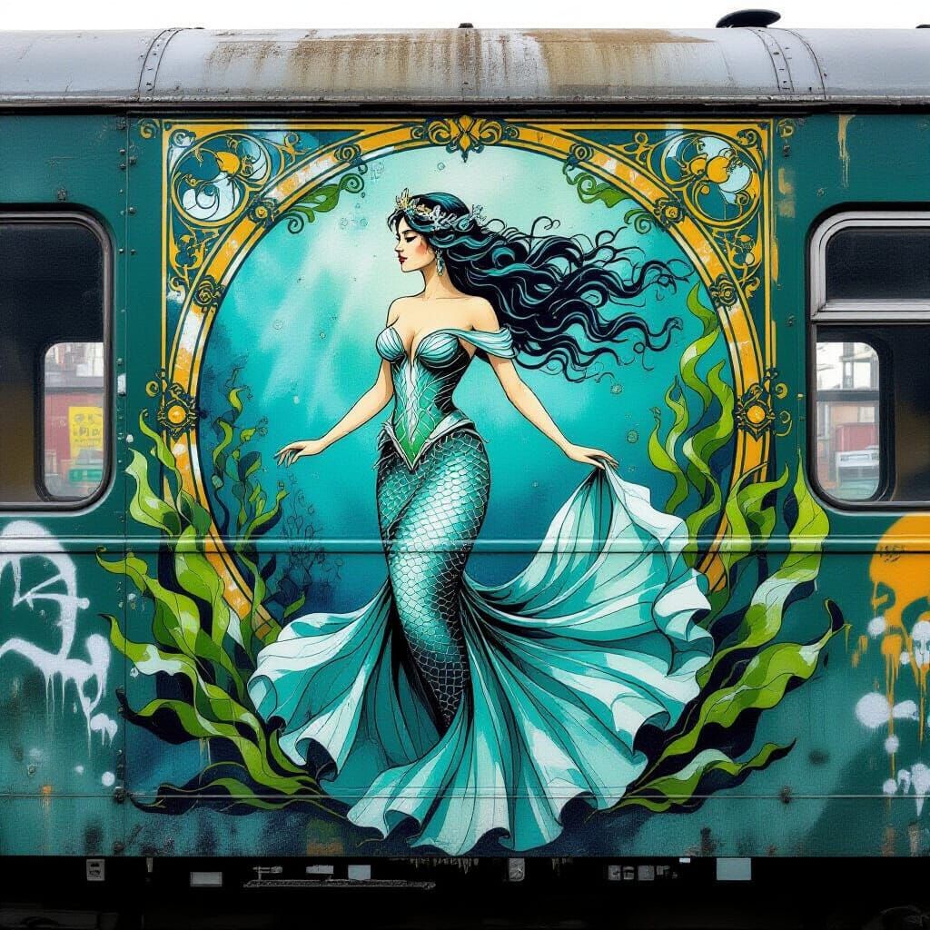 Art Nouveau Mermaid Graffiti on Train Car
