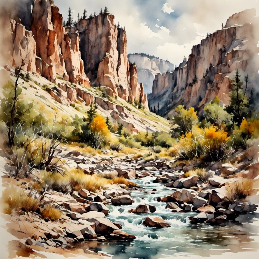 Wyoming Bluffs: Antique Watercolour Landscape