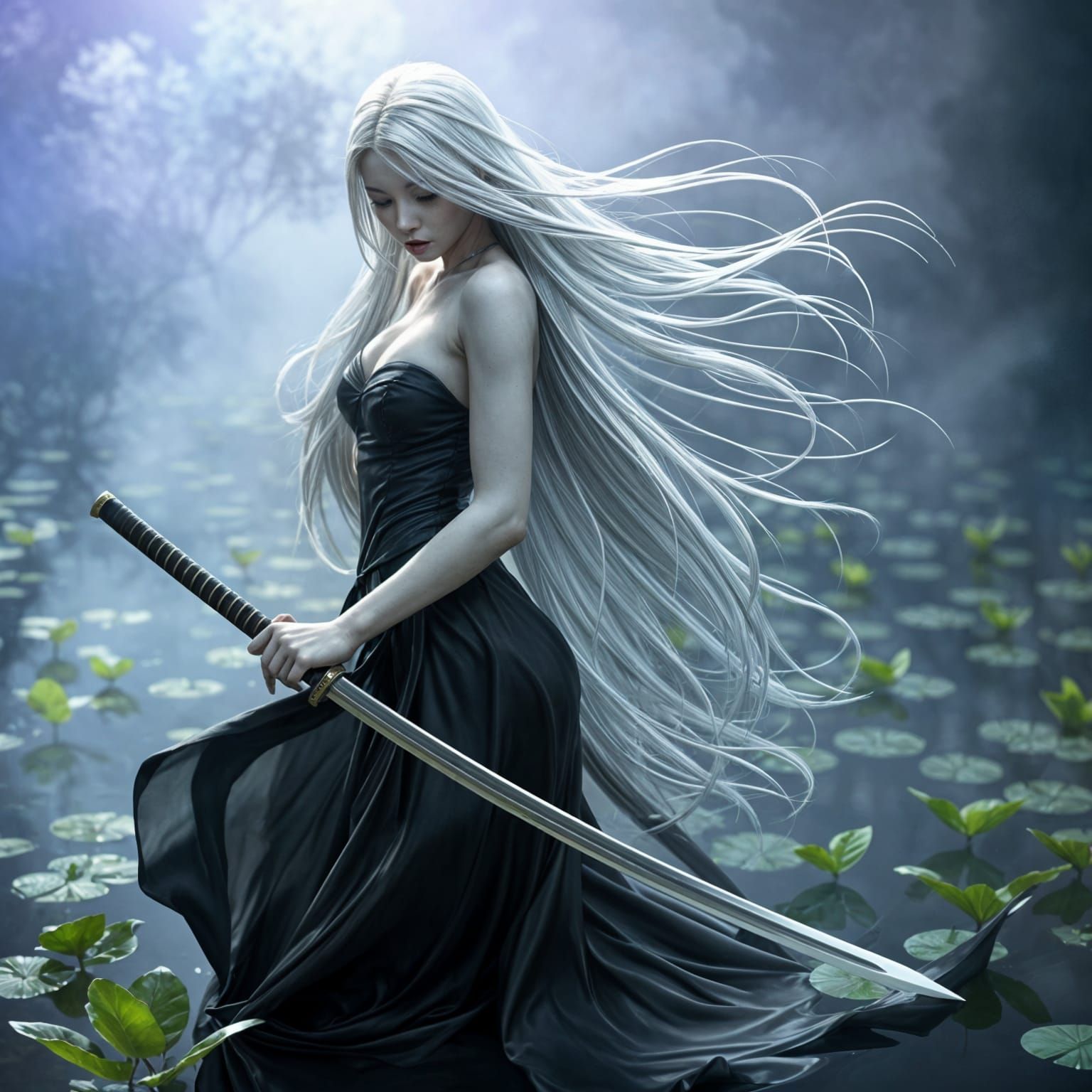 Hyper-Realistic Albino Warrior in a Mystical Pond