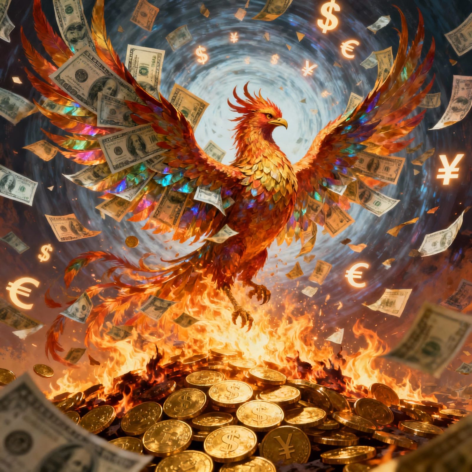 Phoenix of Dollar Bills Rises from Fiery Coins