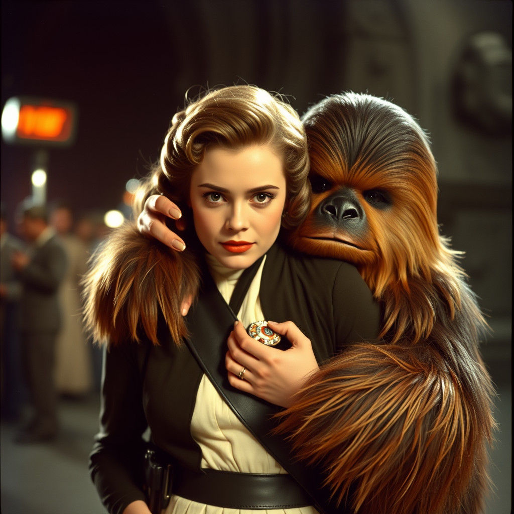 1950s Lady Hugging Chewbacca in Sci-Fi Style