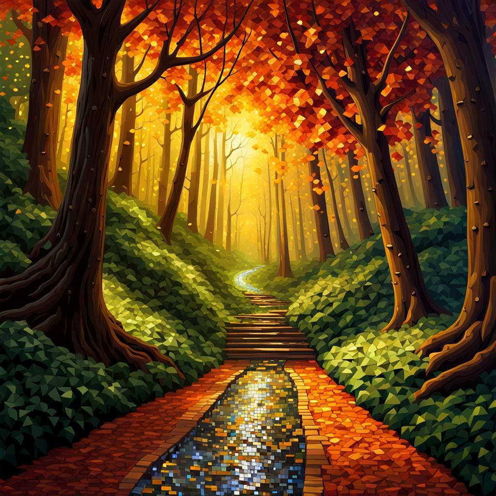 Gemstone Mosaic Waterfall Path in Detailed Comic Style