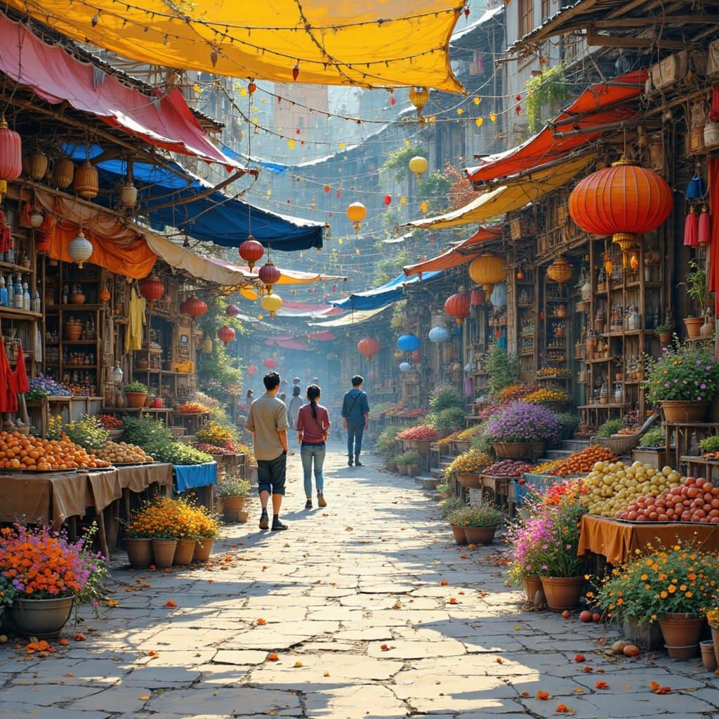 <lora:EchoForm2:1.0> Shopping at a vibrant city market