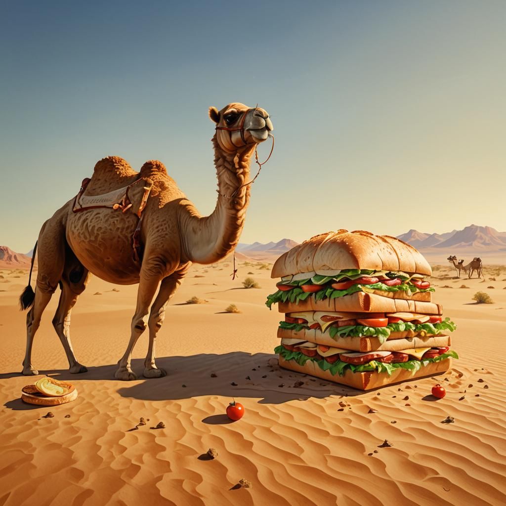 Surreal Desert Camel with Giant Sandwiches