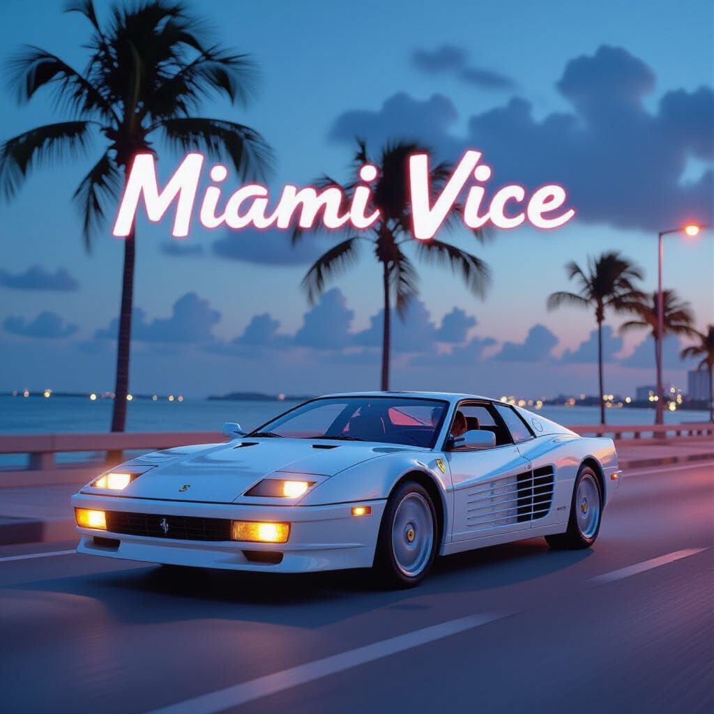 Miami Vice Ferrari Testarossa Retro Synthwave Poster