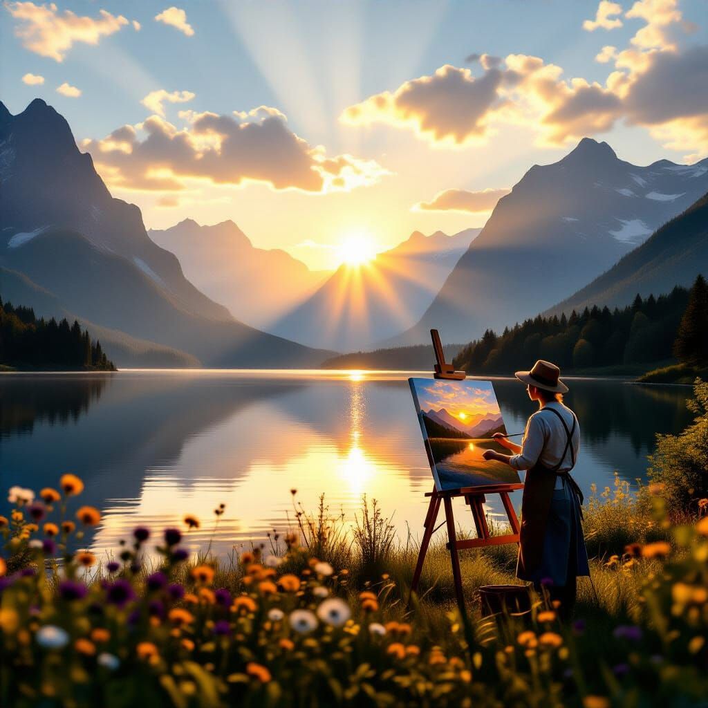 Artist Paints Majestic Mountain Landscape in Golden Light
