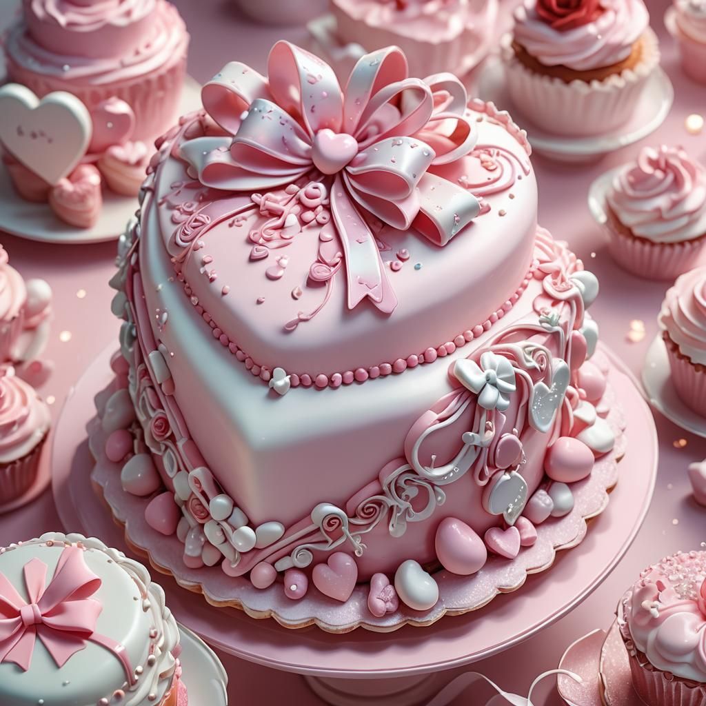 Heart Cake with Bows in 3D Anime Style