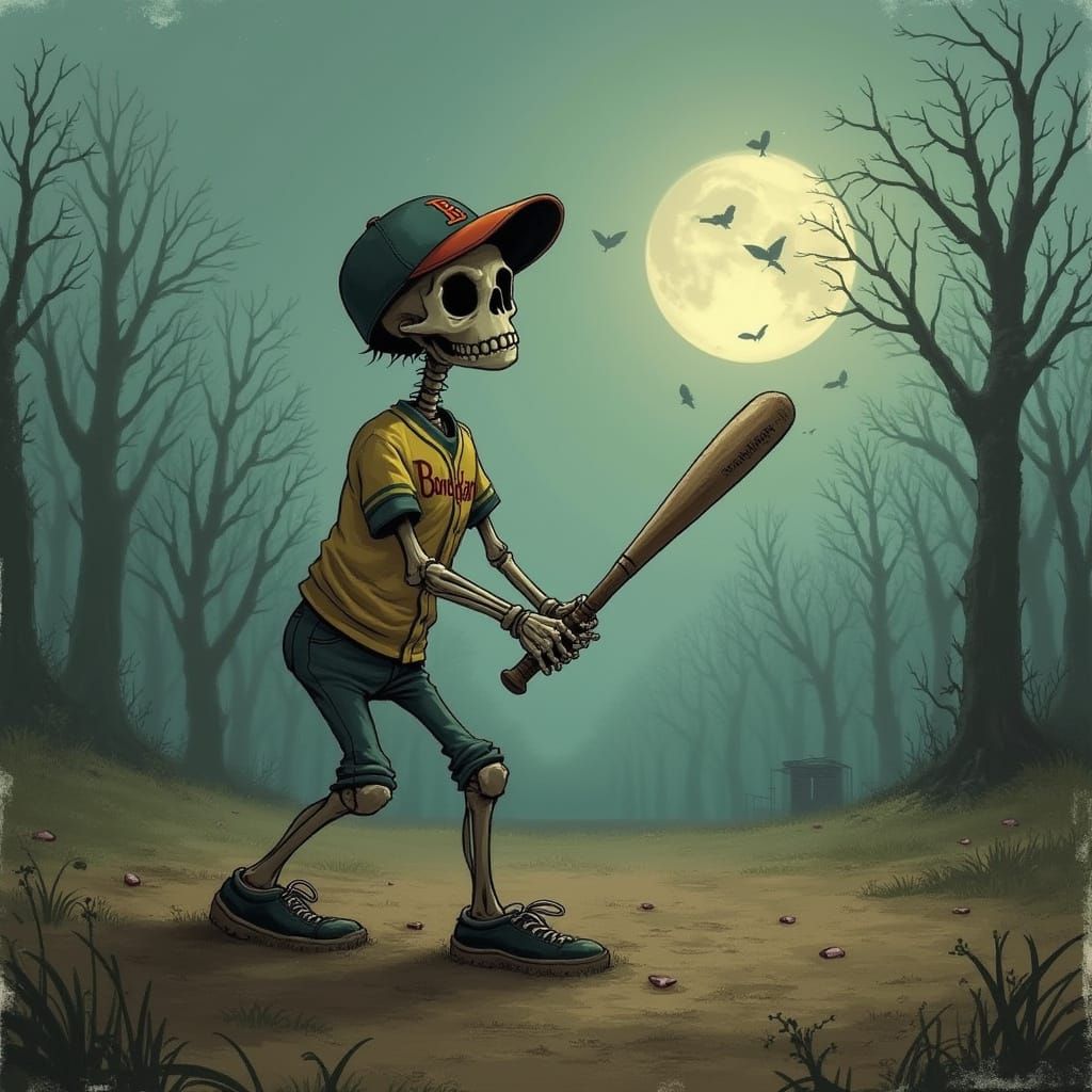 Skeleton Kid Plays Baseball: Dark Whimsical Art