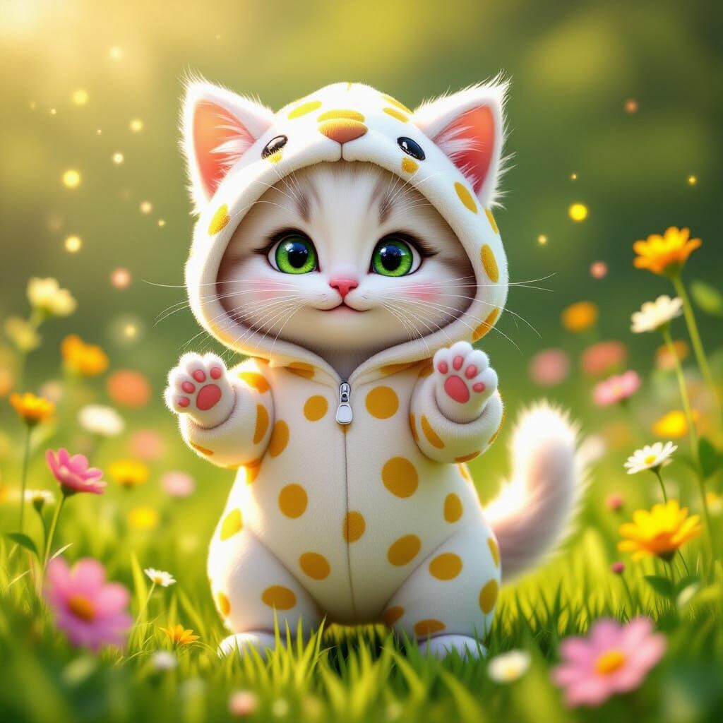 A vibrant 3D animated portrait of a fluffy white kitten with...