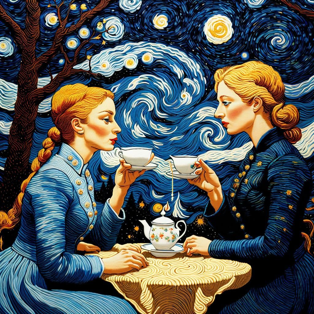 Embroidered Couple Gazing at Starry Night Art