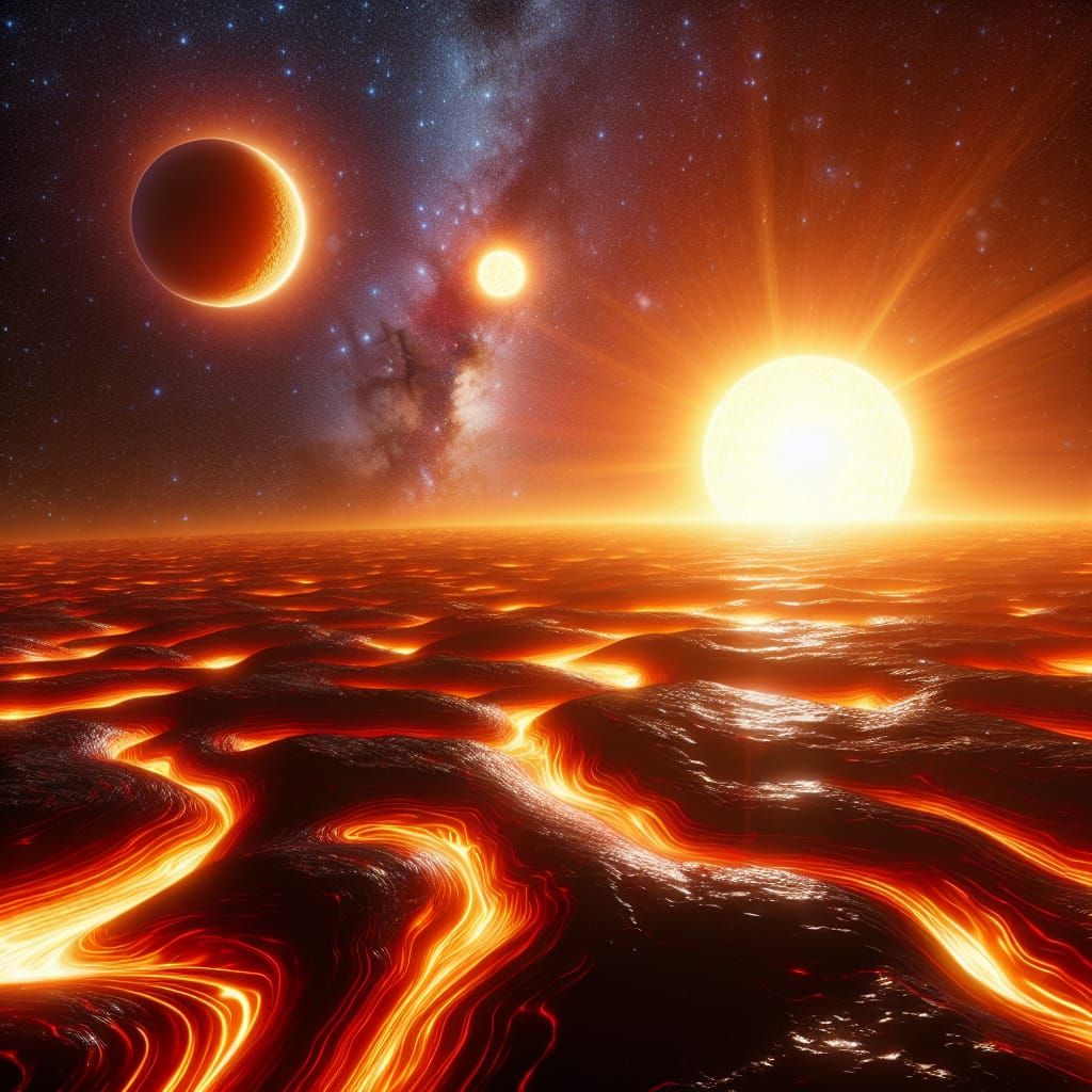 Binary Star System Over Molten Lava Planet