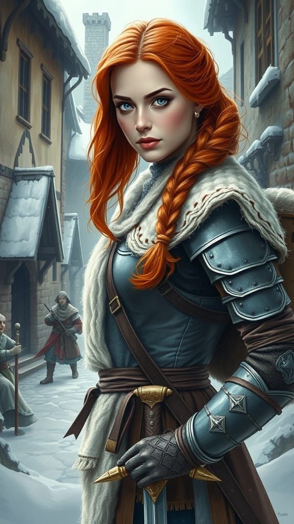 Red-Haired Warrior Enters Snowy Town in Fantasy Art Style