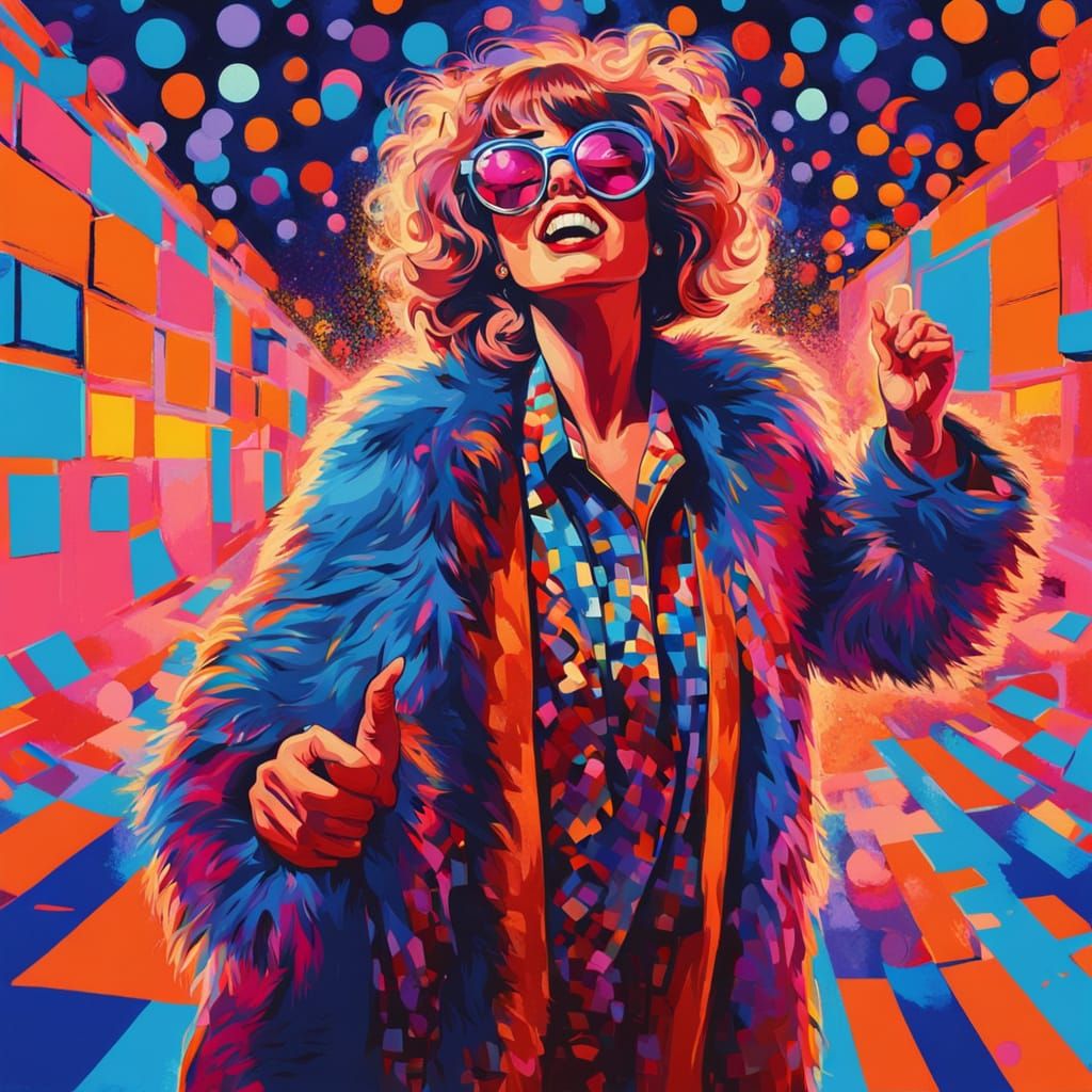 Woman in Disco Dance Party Scene in Vibrant Pop Art Style