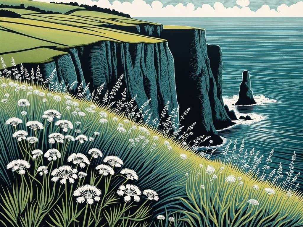 Whimsical Umbelliferous Landscape in Handcoloured Linocut