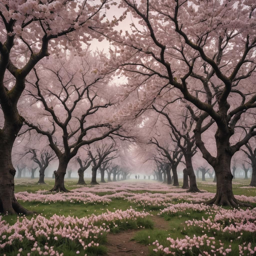 Vast Cherry Blossom Orchard in Atmospheric Mist