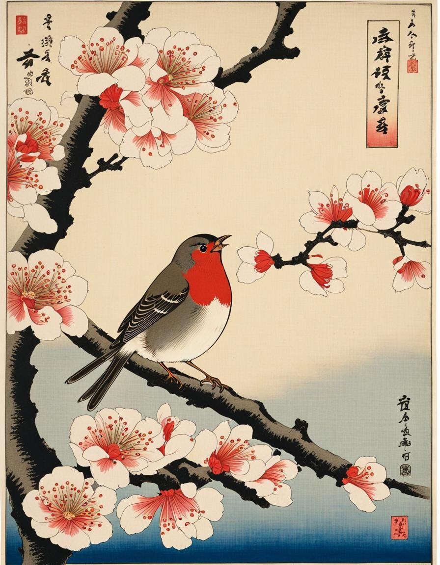 Japanese Robin Singing Spring in Ukiyo-e Style