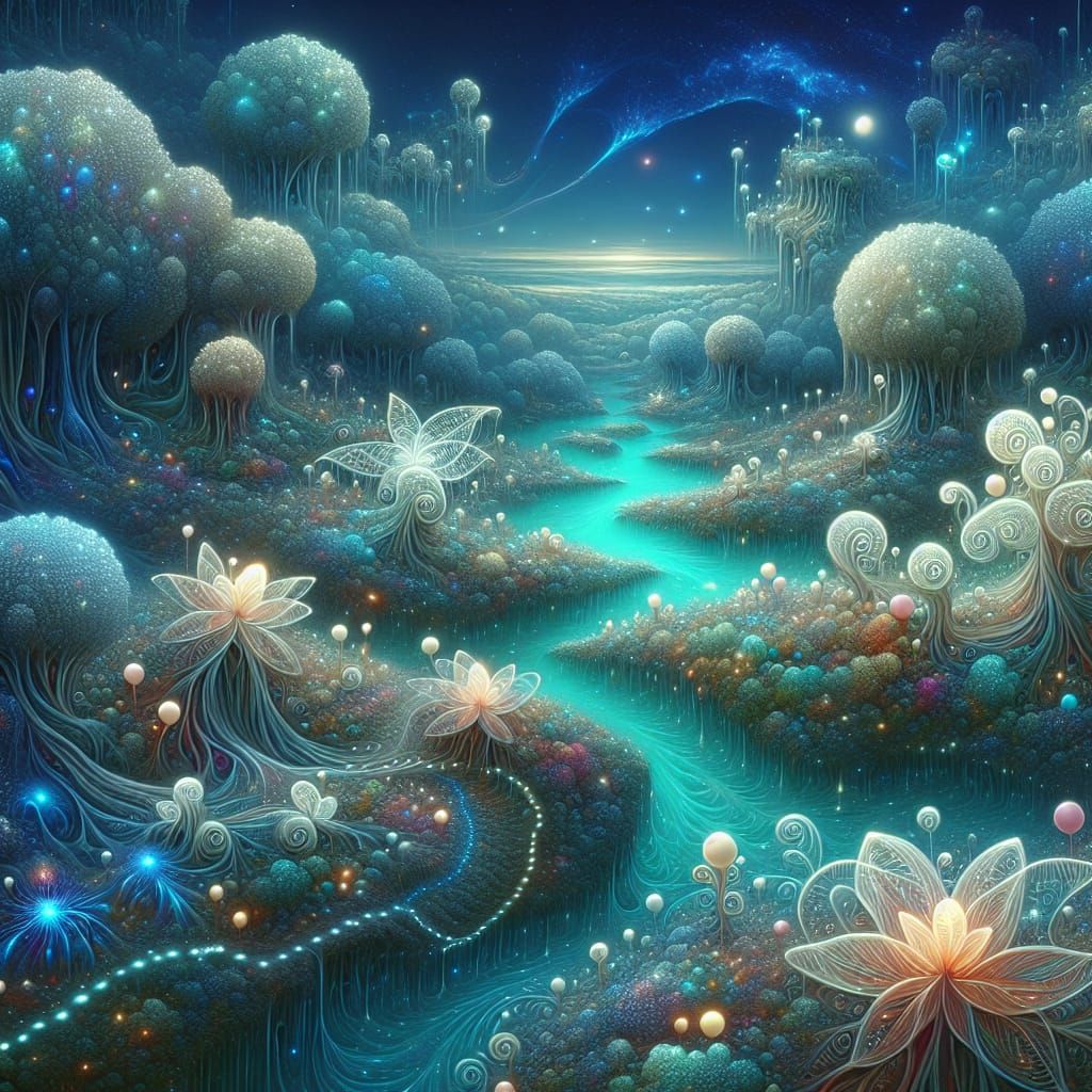 Surreal Dreamscape: Bioluminescent Forest and River