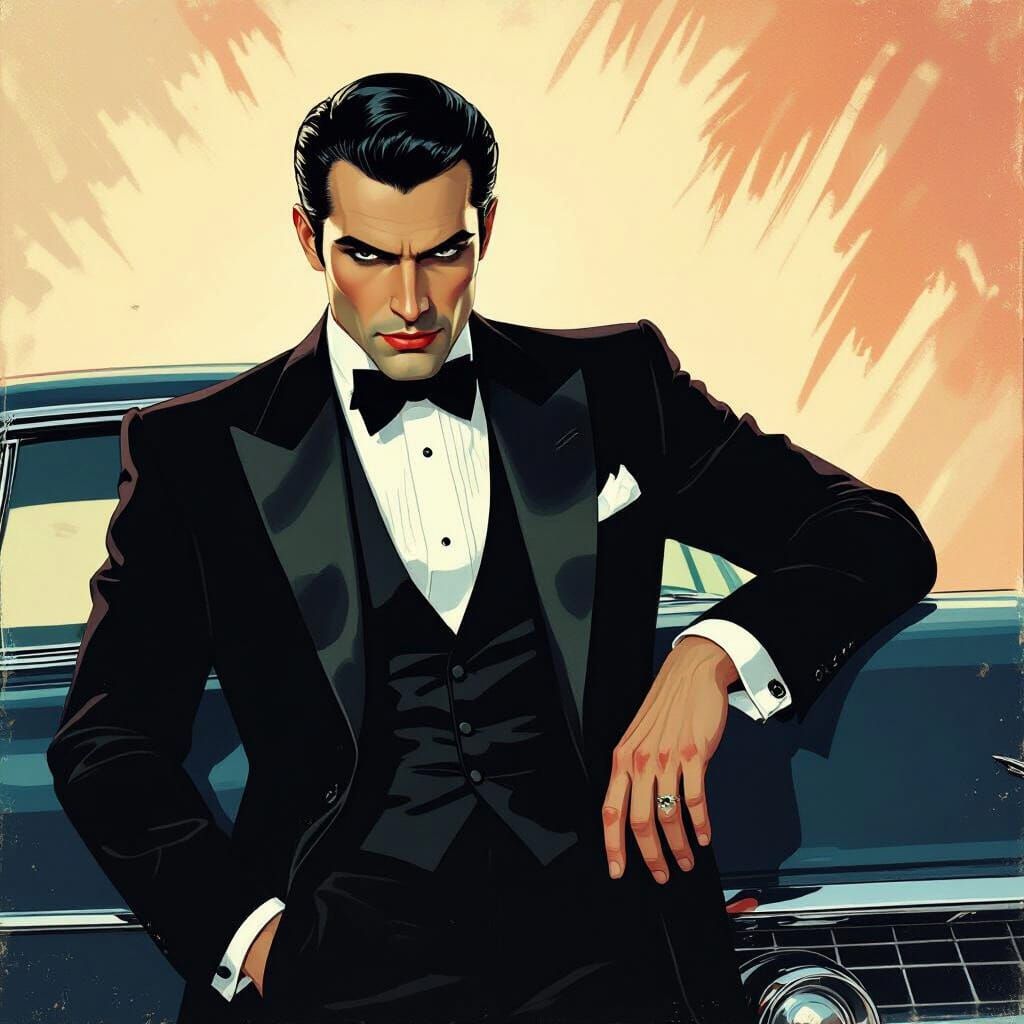 1950s Vampire Leaning on a Classic Car