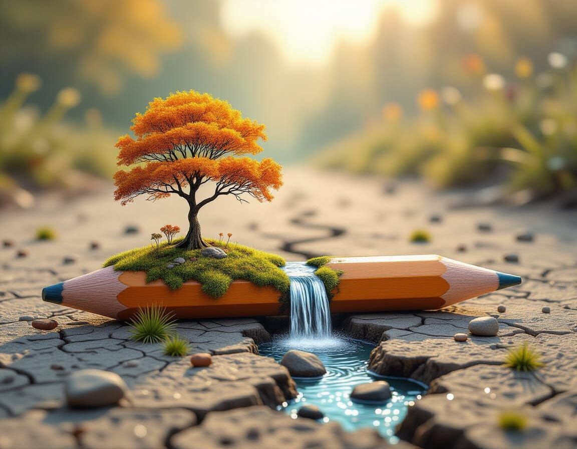 Pencil Tree Grows From Barren Ground in Ethereal Landscape