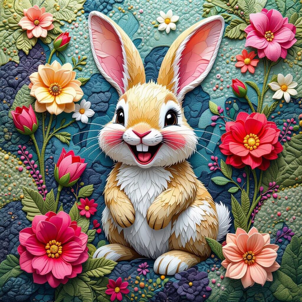 Laughing Bunny in Floral Patchwork Style