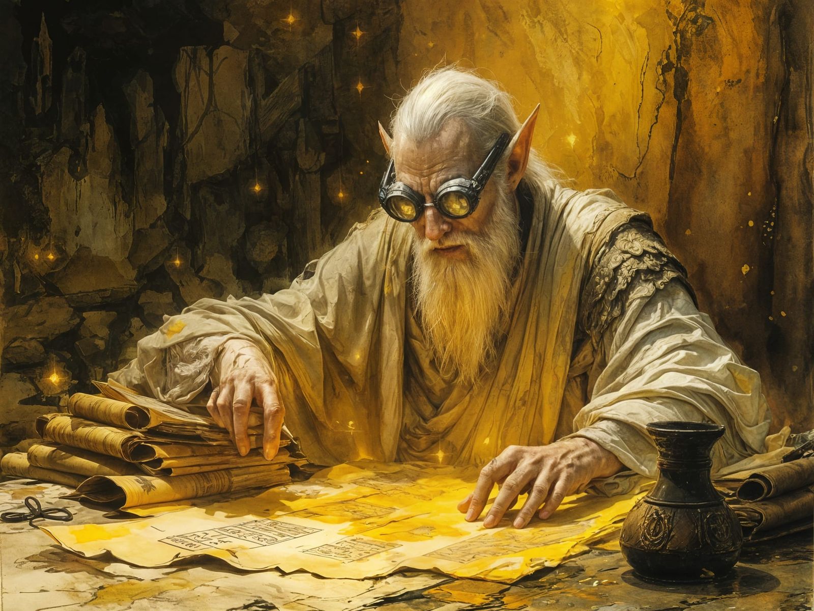 Elf Cleric Ponders Ancient Scrolls in a Realm of Contrasting...