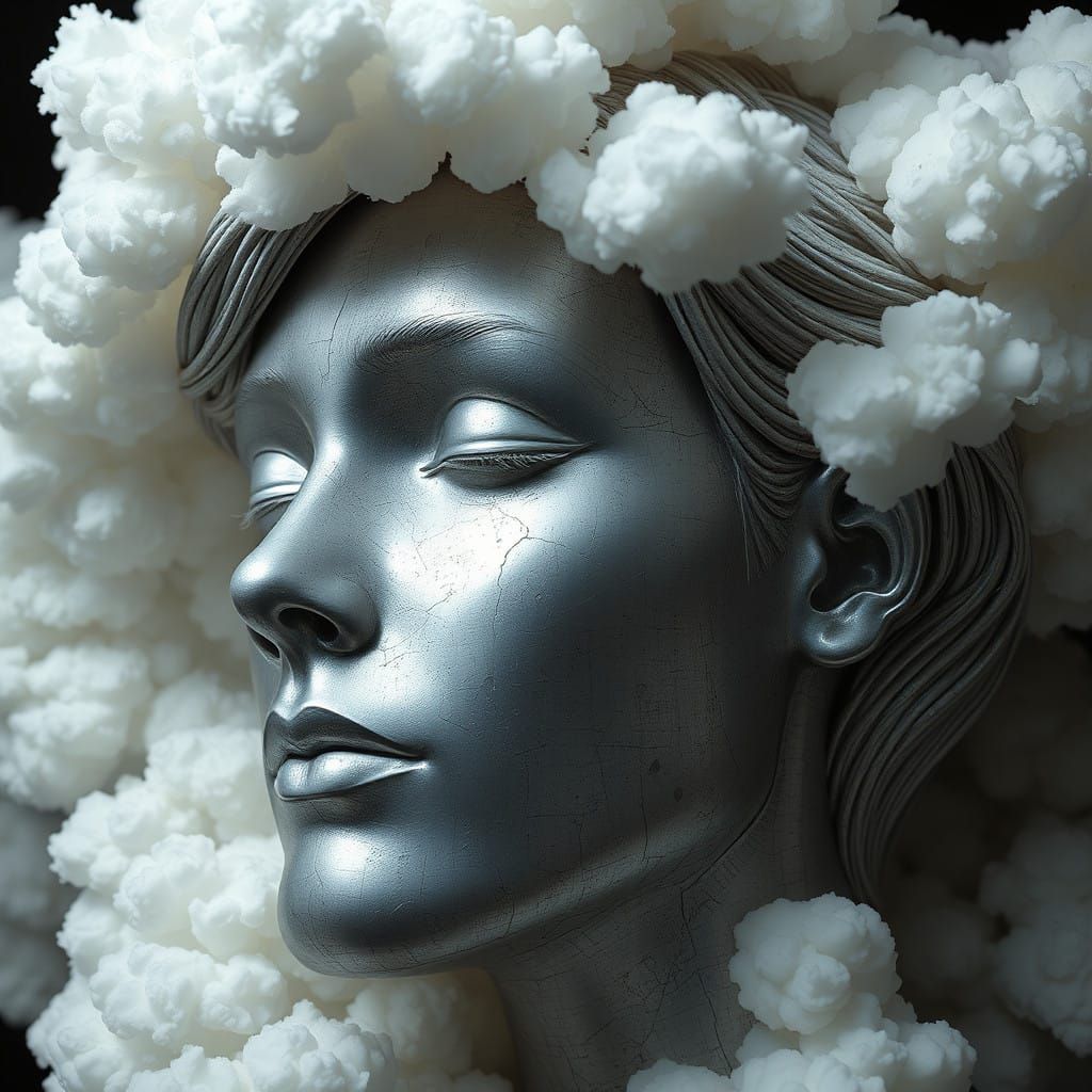 Serene Silver Head in Ethereal White Clouds