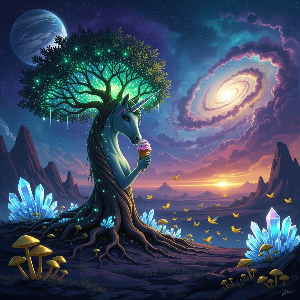 Ancient Tree on Alien Planet with Bioluminescent Leaves