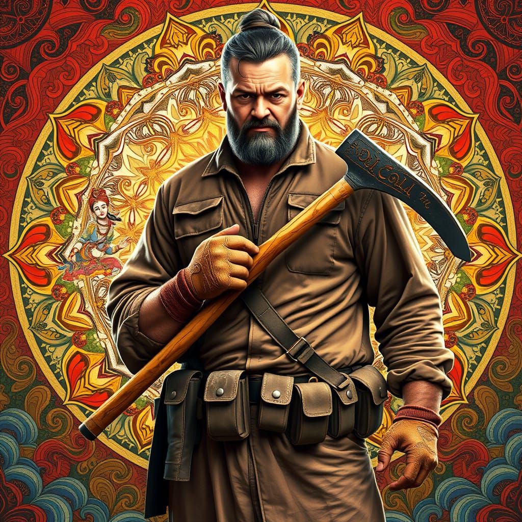 Powerful Man with Sickle and Tibetan Mandala Backdrop