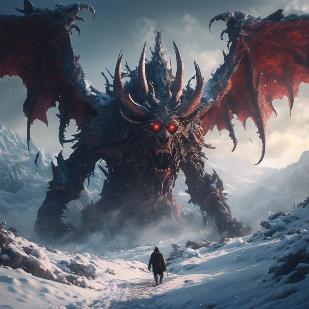 Demon Walks Snowy Mountains: Epic Digital Portrait