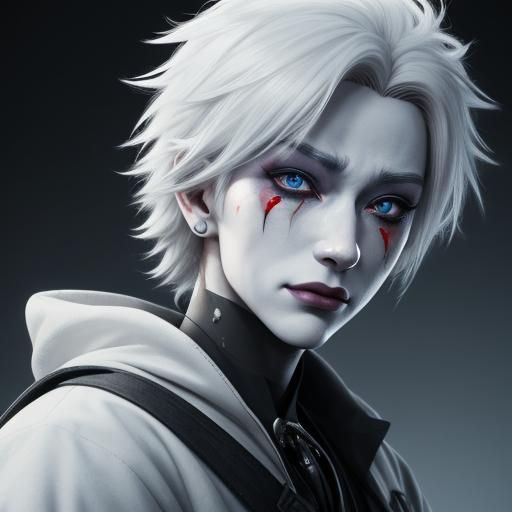 Anime Clown Portrait with White Hair and Makeup