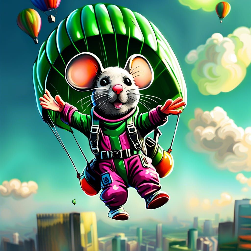Mouse Skydiving in Green Outfit, Graffiti Art Style
