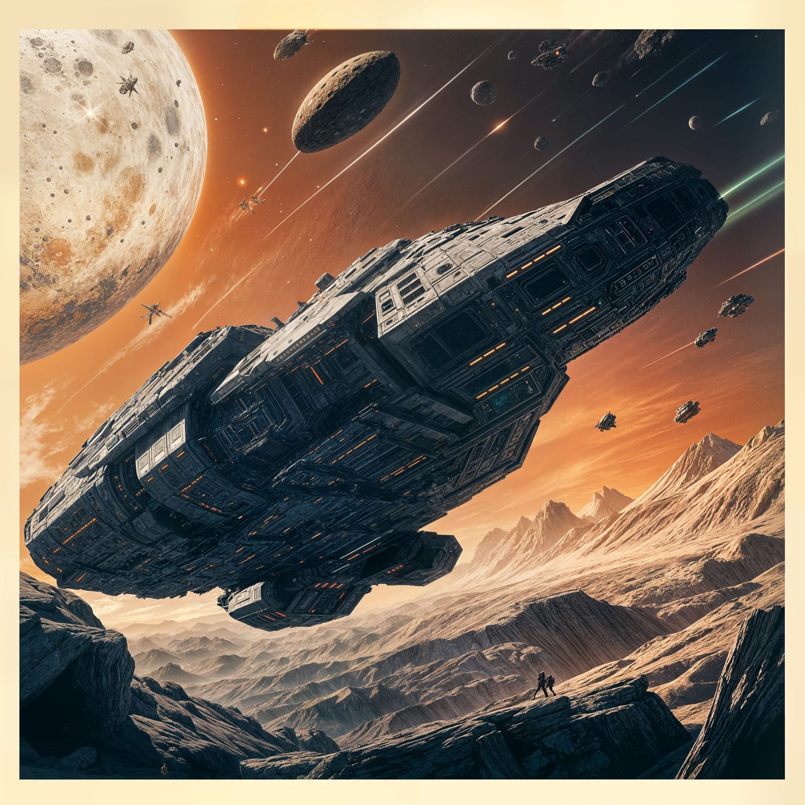 Futuristic Spaceship Navigating Asteroid Field