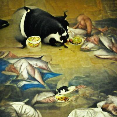 Fat black and white cat eating tuna renaissance painting