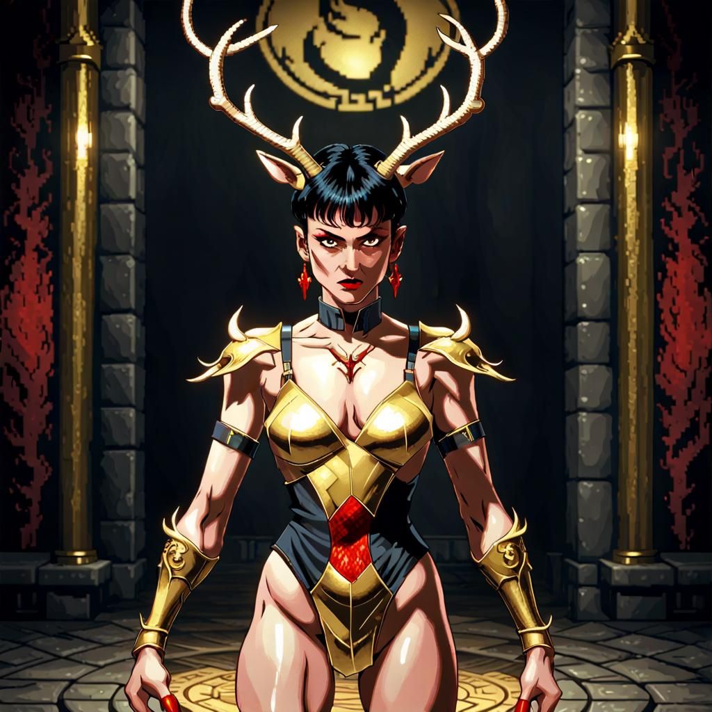 Pixelated Stag Woman in Mortal Kombat Style