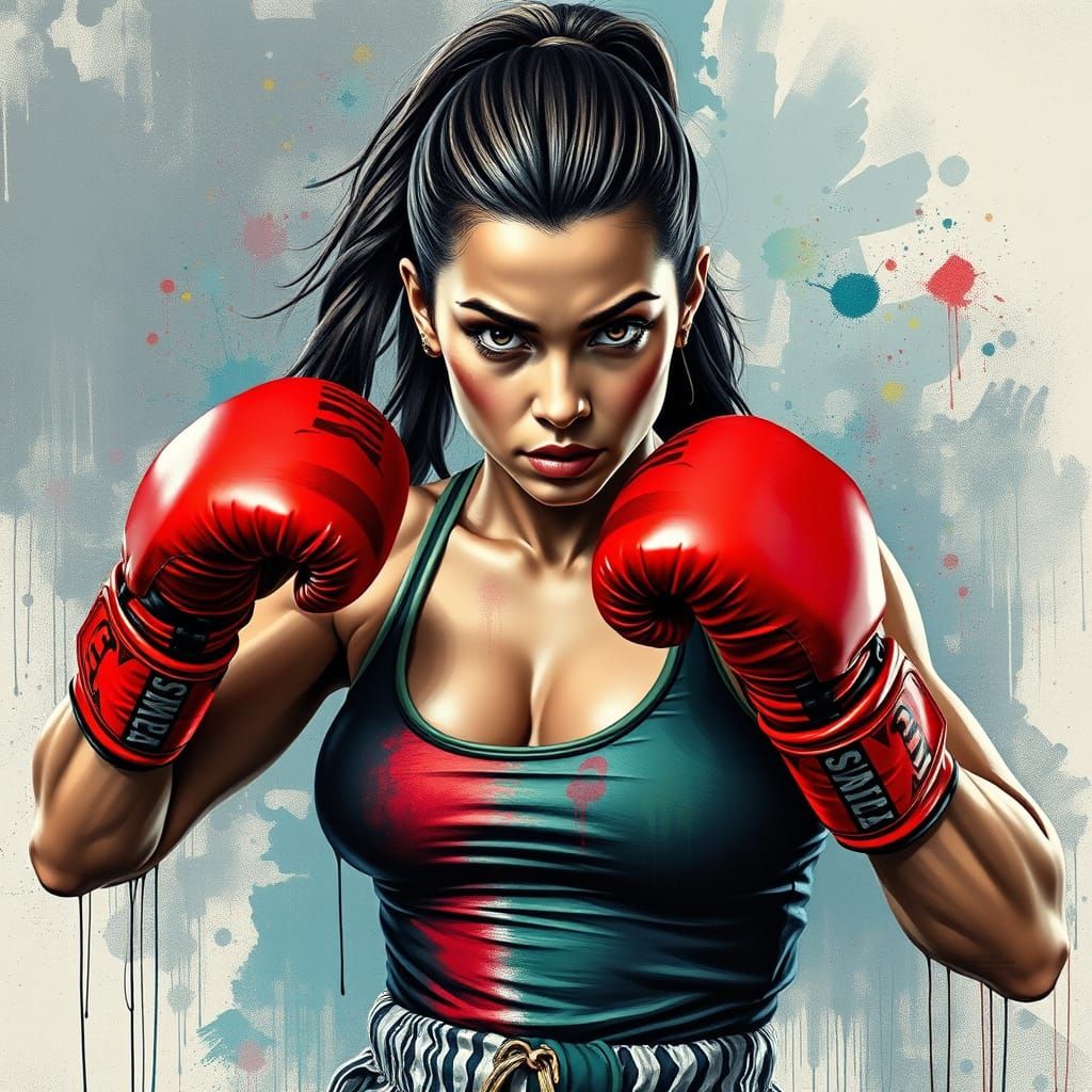 Strong Female Boxer in Vibrant Graffiti Style