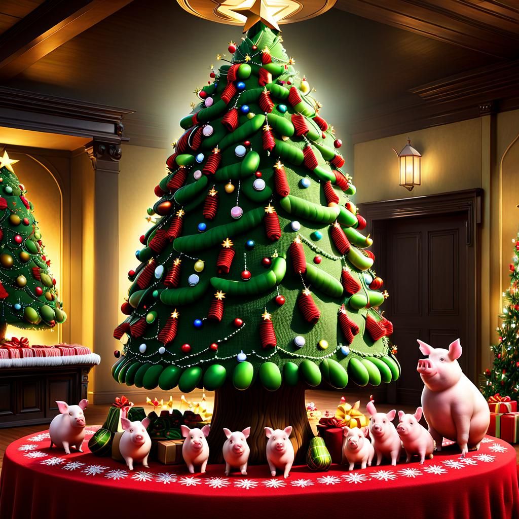 Pickle Christmas Tree with Piglets in 3D