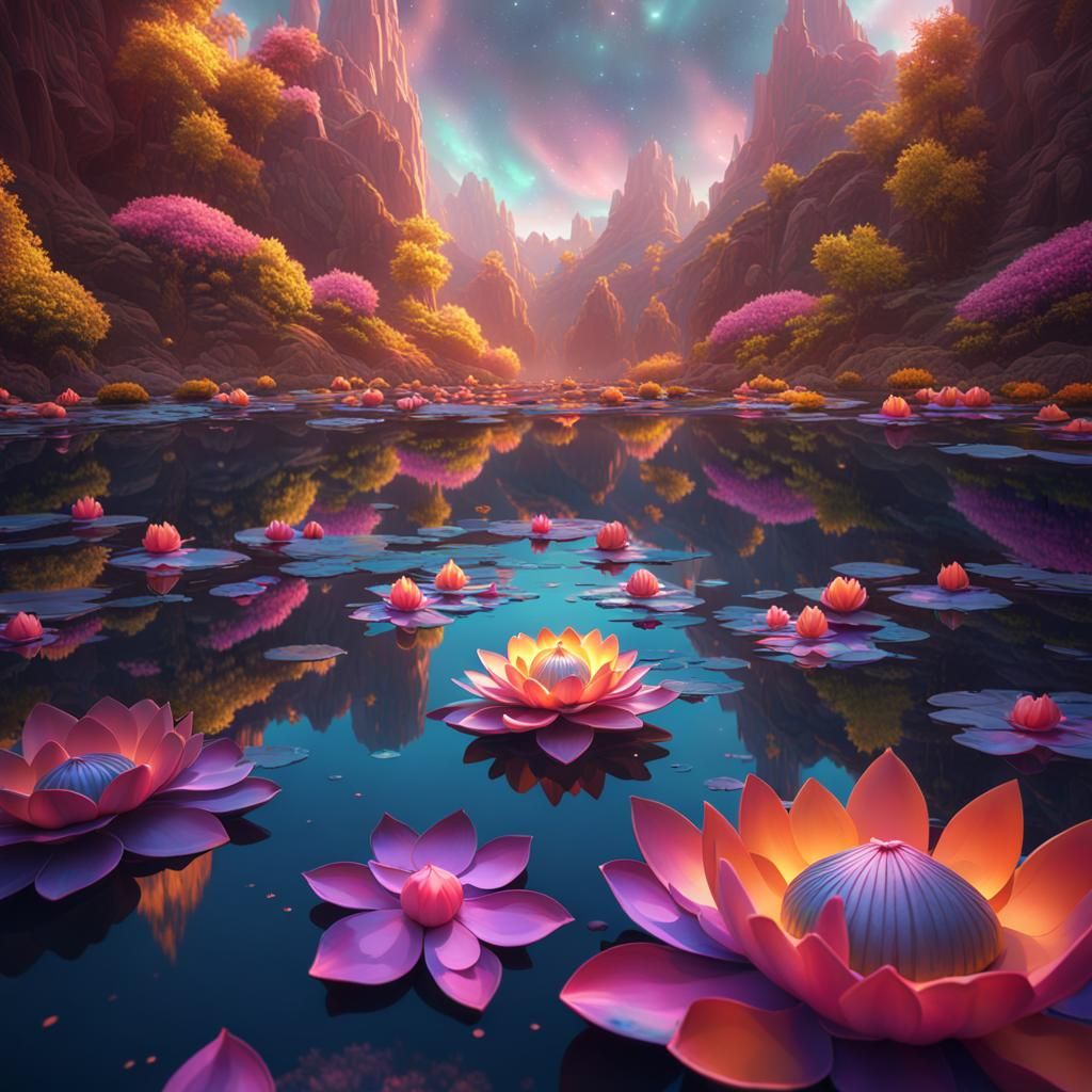 Kaleidoscopic Lotus Drifting Down a River