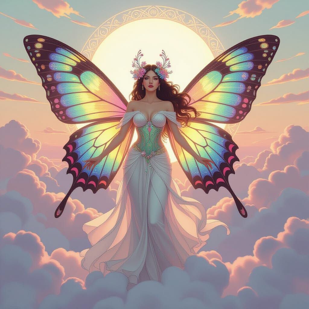 Butterfly Goddess in Ethereal Pastel Sunrise