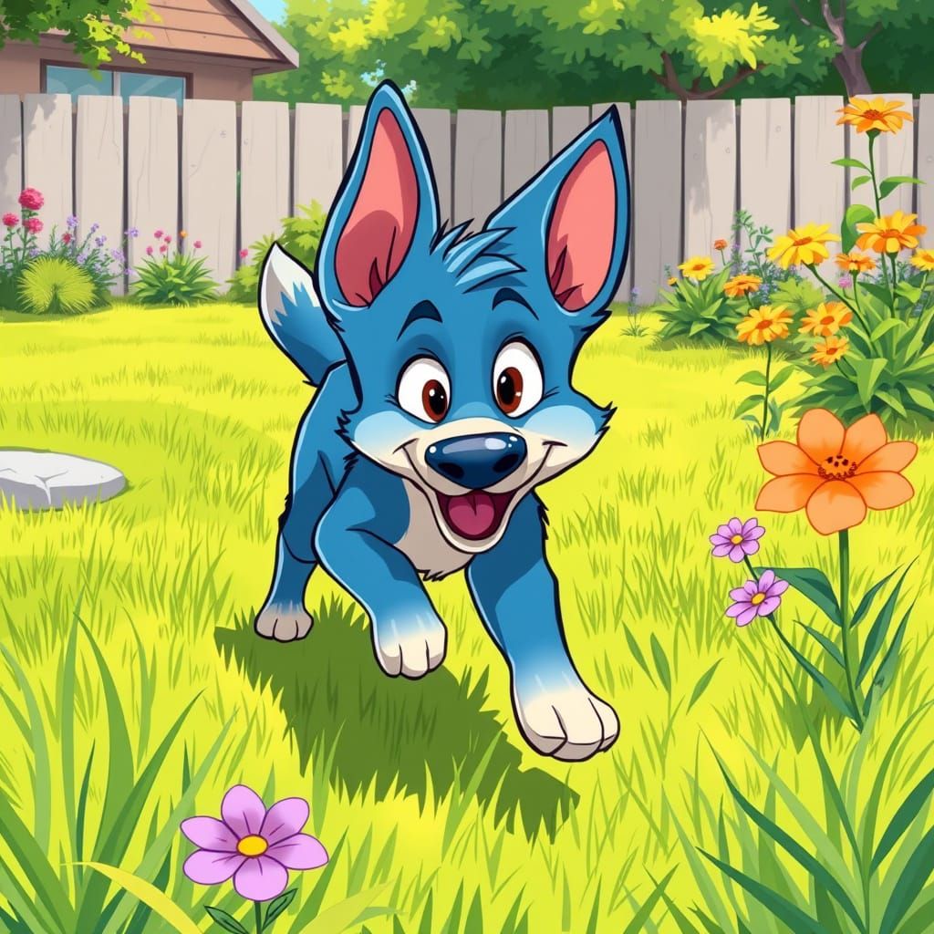 Bluey Playing in Sunny Backyard, Disney Style