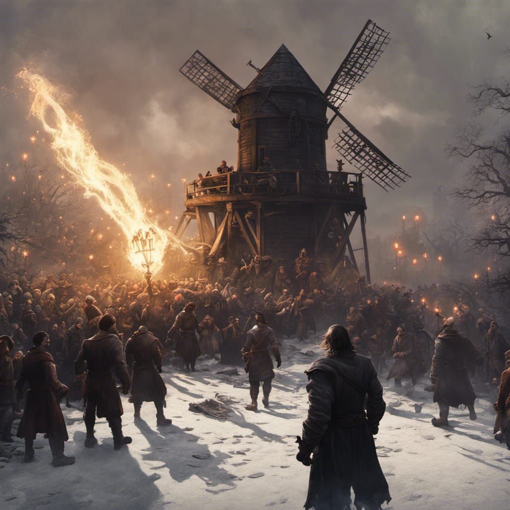 Mob Chasing Frankenstein's Monster in Dark Fantasy Style