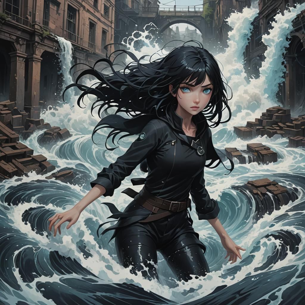 Anime Girl Controls Floodwaters in Ruined City