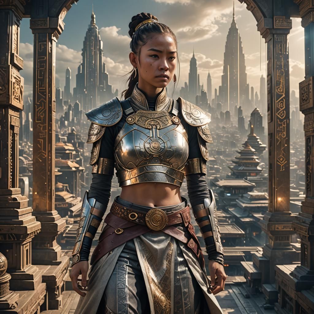 Leelo: Warrior Monk in Dystopian Cityscape