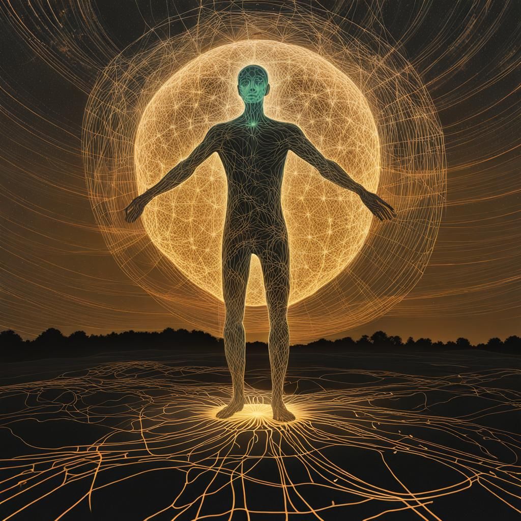 Glowing Human Connected to Celestial Network