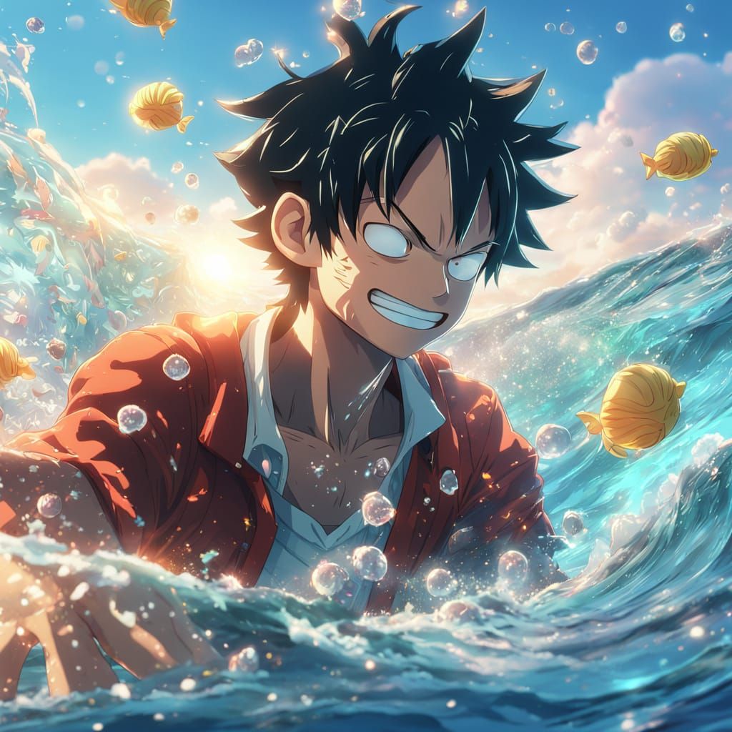 Luffy in Ocean: 3D Anime Art with Glowing Creatures