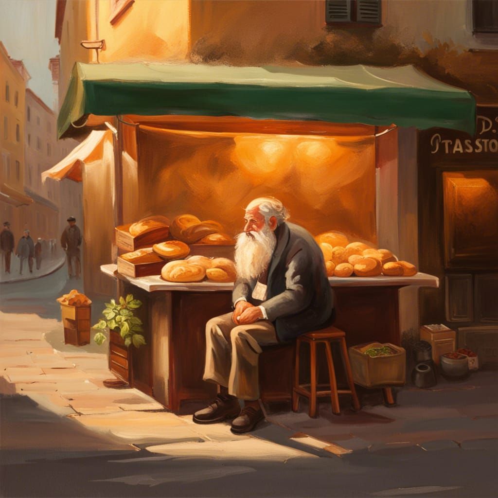 Italian Street Vendor in Golden Light: Oil Painting