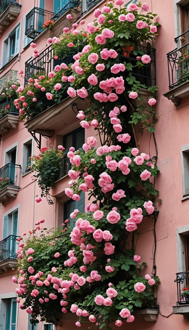 Fantasy Balcony with Hanging Pink Flowers