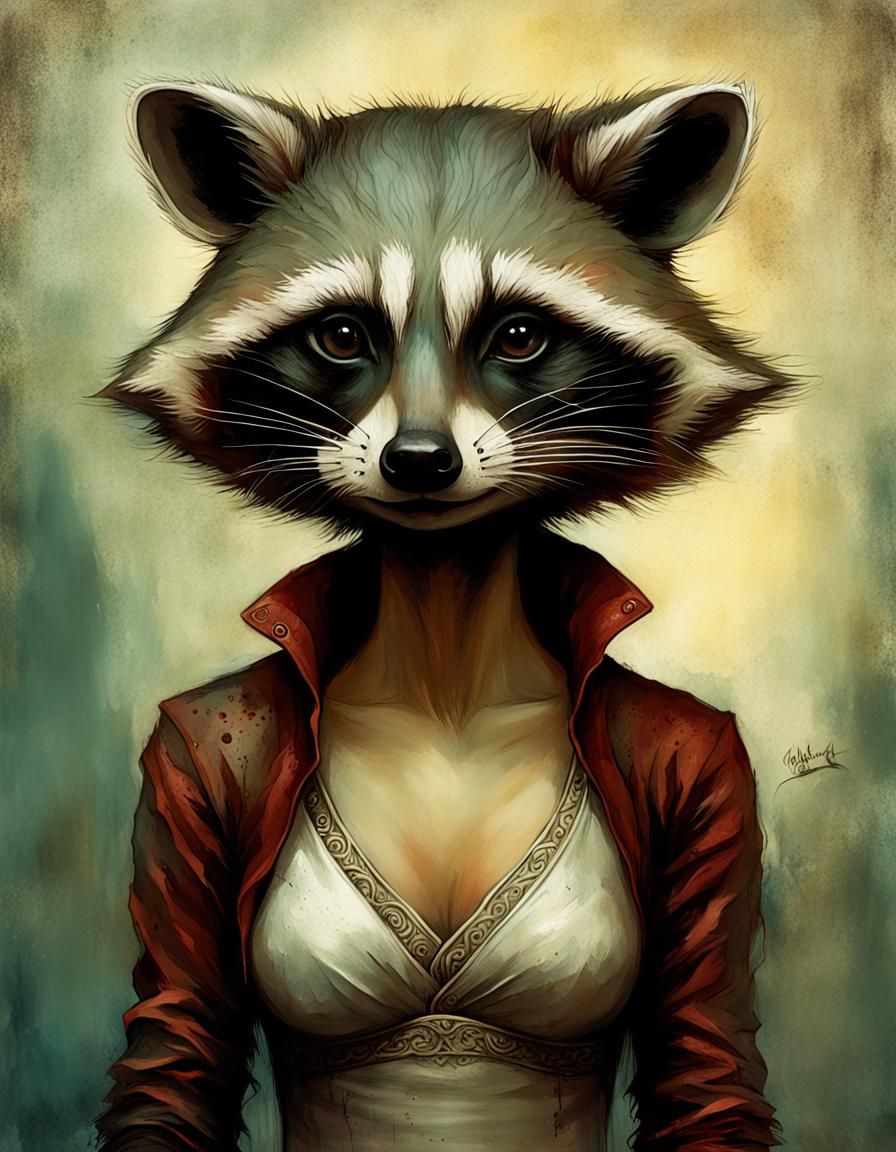 Anthropomorphic Raccoon Girl in Dark Digital Painting